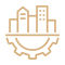 Infrastructure icon in a gold colour, buildings on top of a cog.